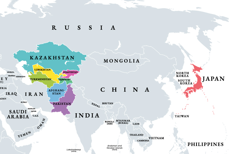 中央アジア・西アジア・南アジアの地図