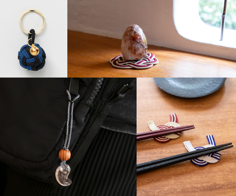 岩座×昇苑くみひも様オリジナル商品（上段左から、根付／コースター／江戸打紐／箸置き）