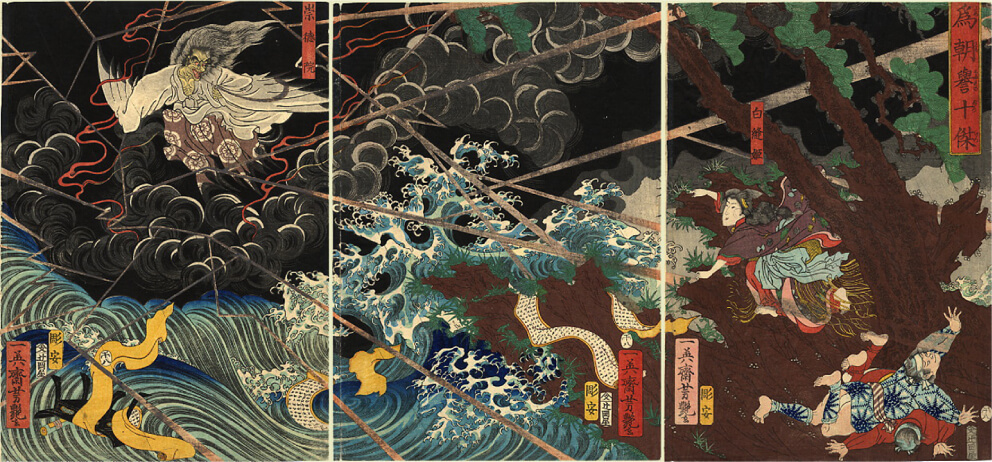 『椿説弓張月』より崇徳上皇が讃岐で崩御し、怨霊になる瞬間を描いた一場面（歌川芳艶画）