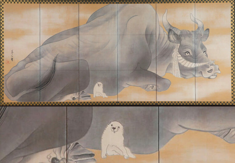 「白象黒牛図屏風」左隻（黒牛部分）