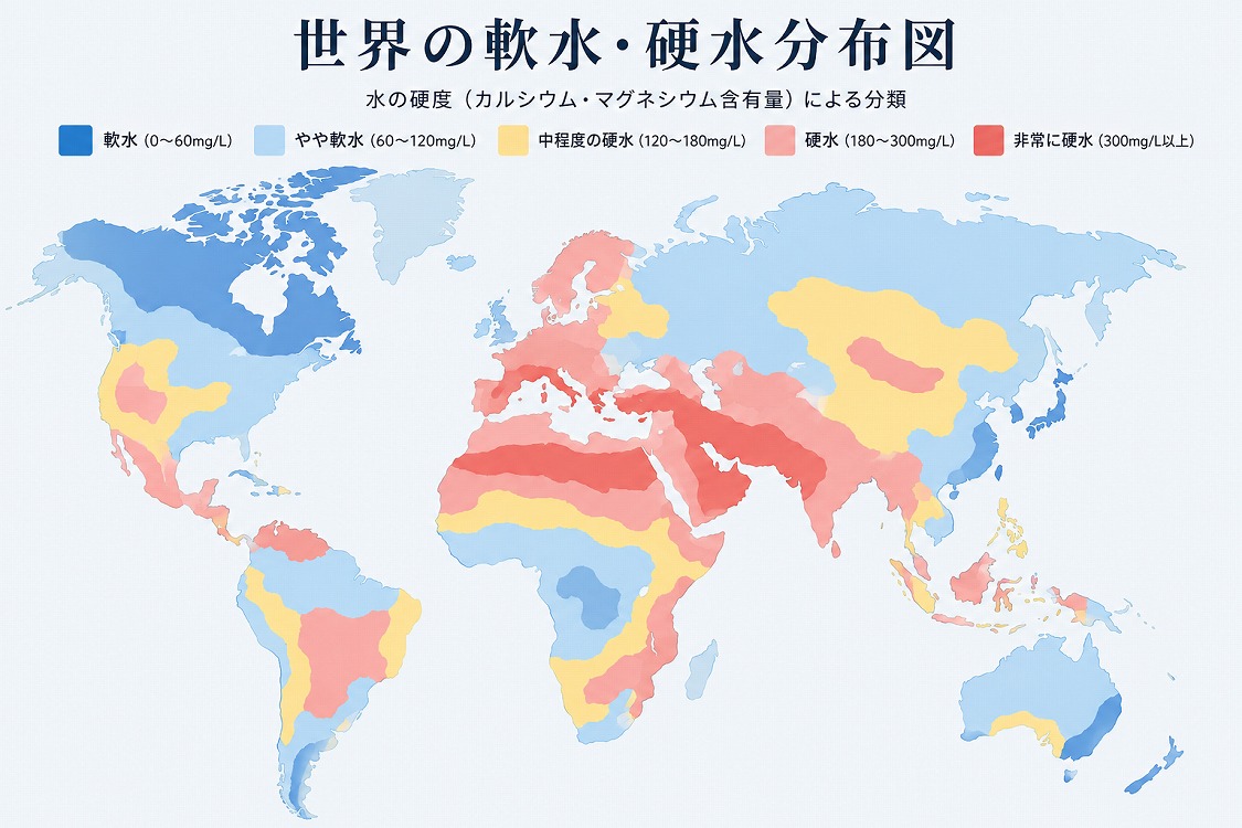 世界の軟水と硬水の分布図