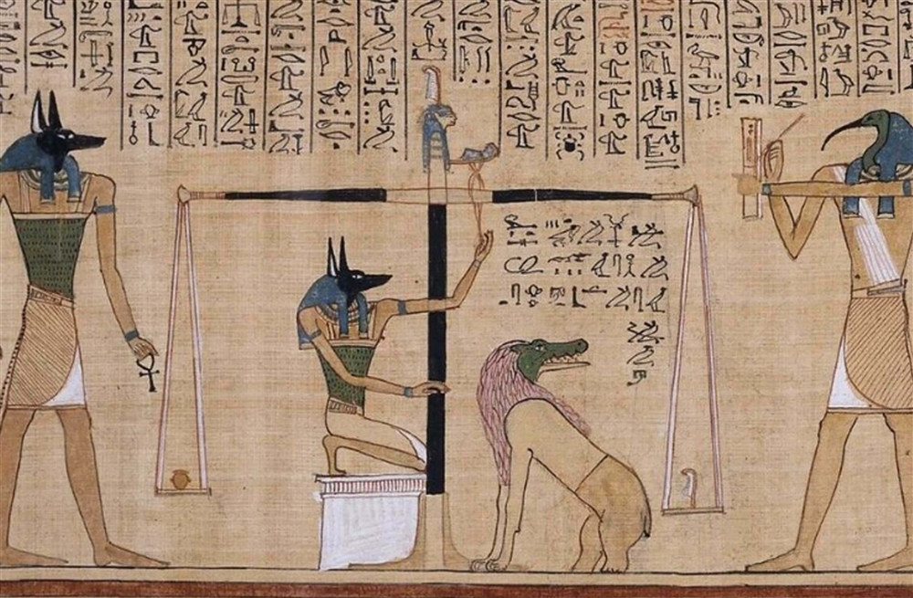 『フネフェルのパピルス』（紀元前1275年頃）から「心臓の計量」の場面