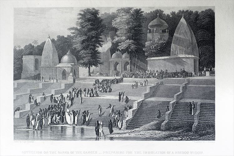 ガンジス川のほとりのサティ寺院（1858年の銅版画より）